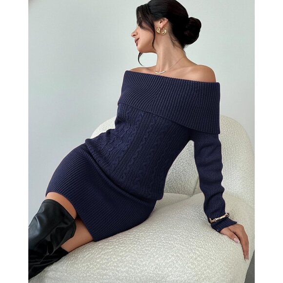 Women's Dark Blue Long Sleeve Cowl Neck Bodycon Mini Sweater Short Dress - Picture 3 of 7